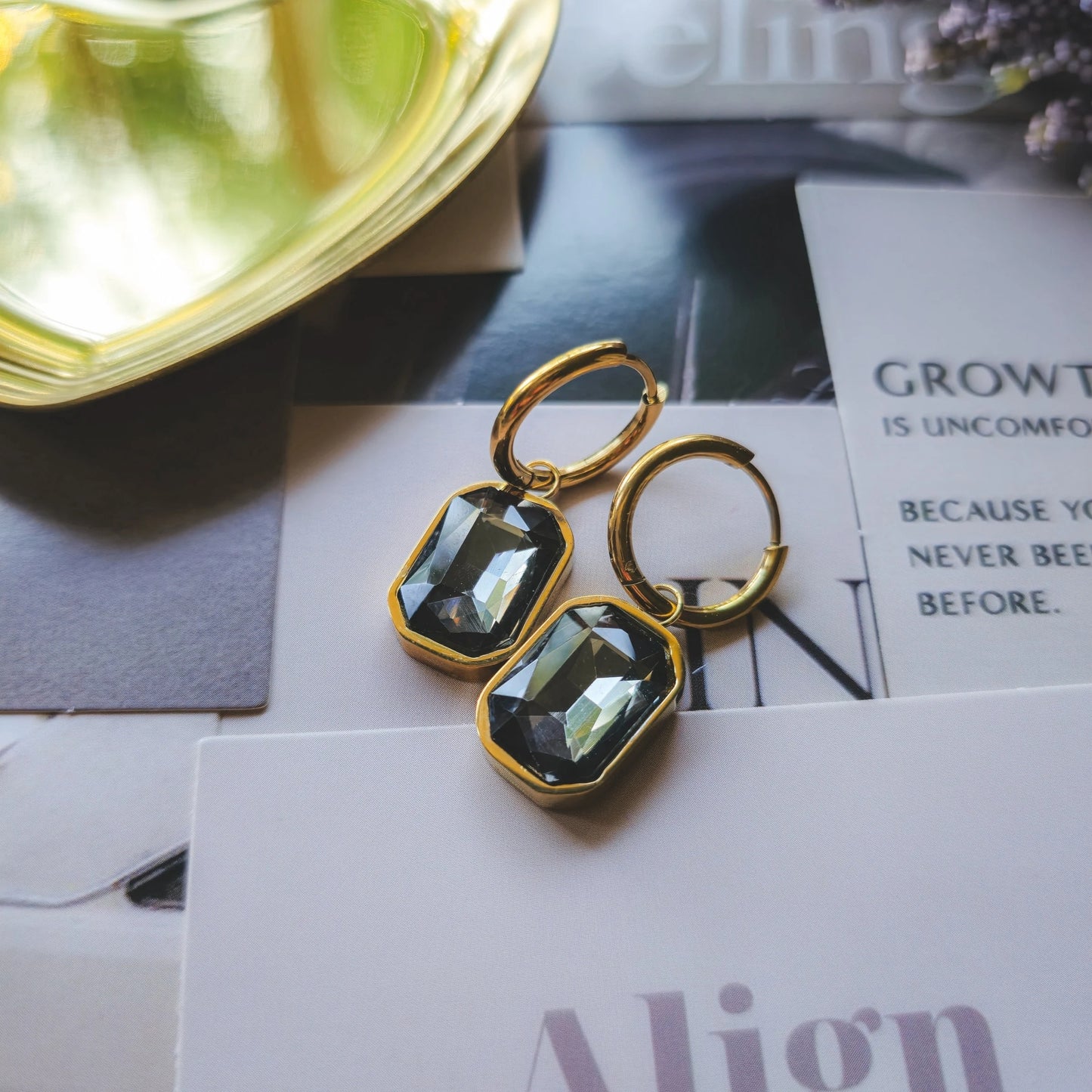Rectangular Rhinestone black hoop earrings