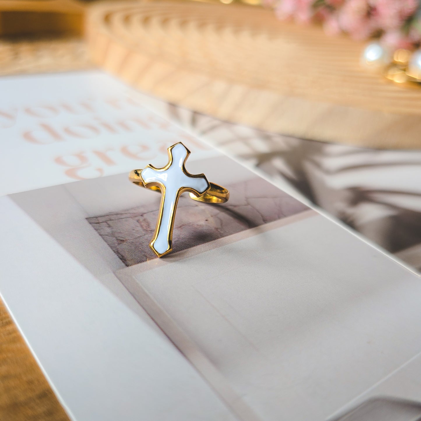 White cross adjustable ring