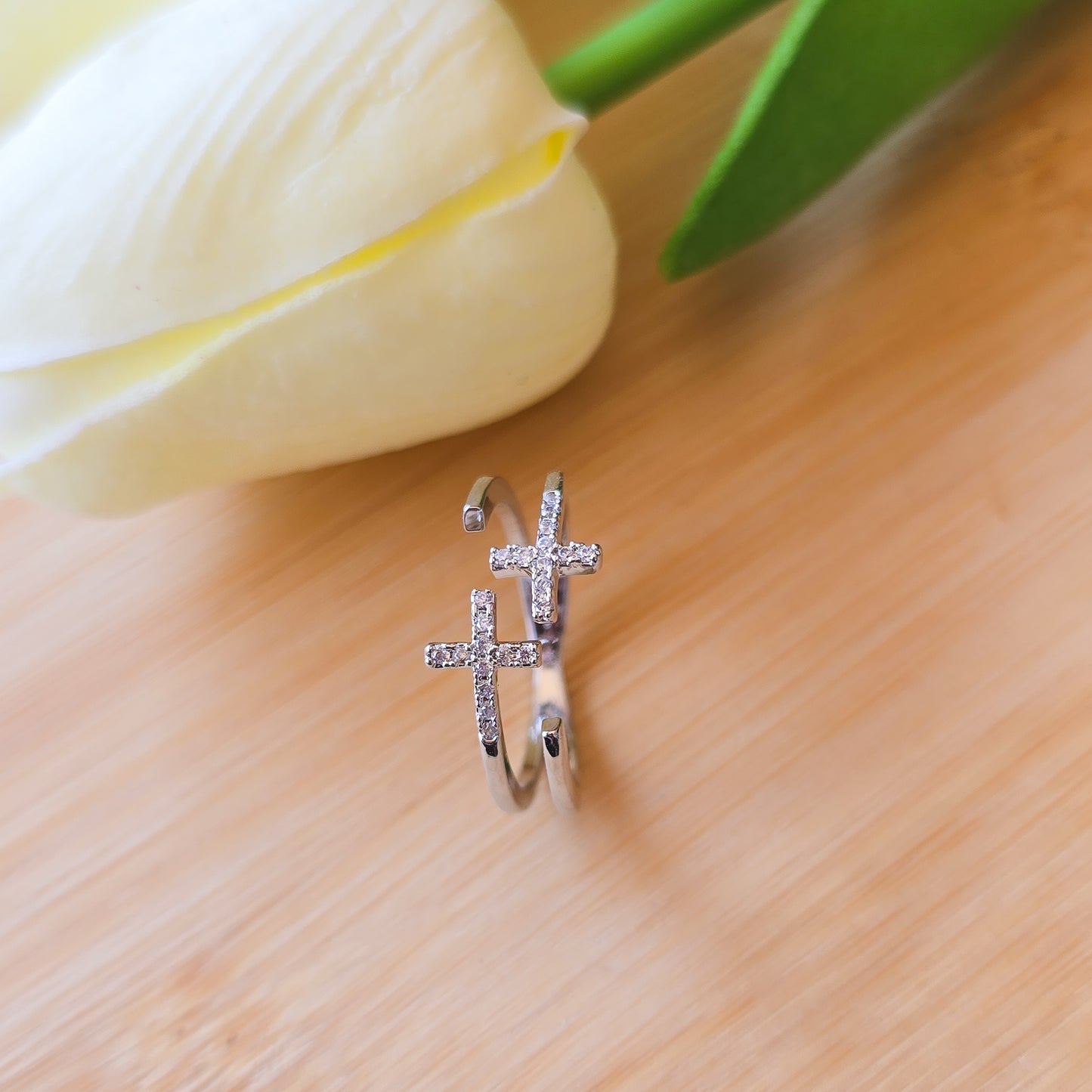 Double cross silver Rhinestone adjustable ring