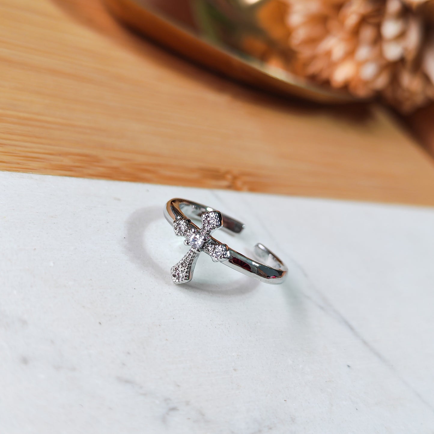 Silver cross Rhinestone ring