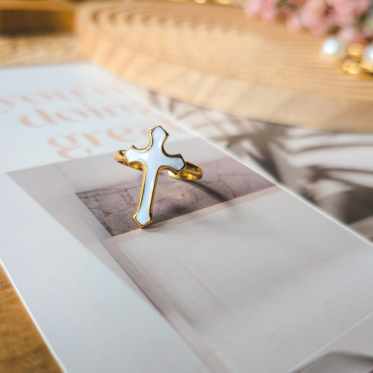 White cross adjustable ring