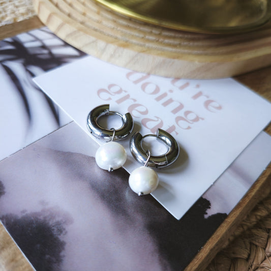Pearl silver thick hoop earrings
