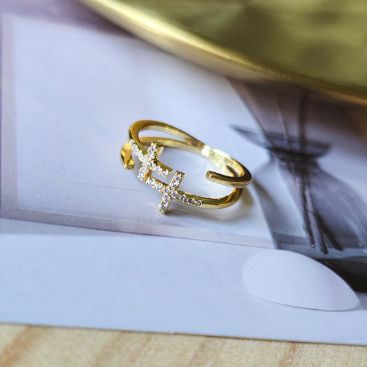 Double cross Rhinestone adjustable ring