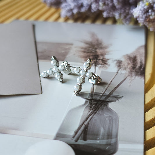 Pearl stud cross earrings