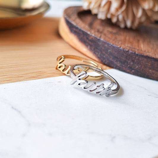 "FAITH" silver adjustable ring