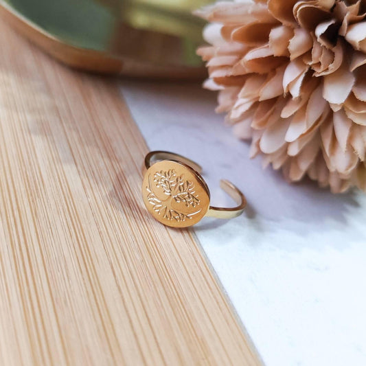 Tree print adjustable gold ring