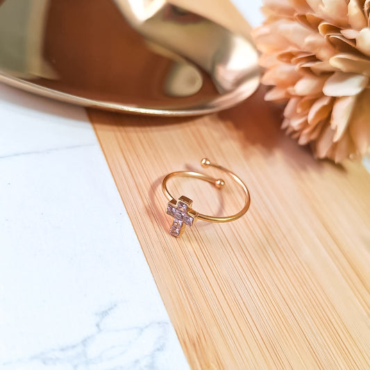 Rhinestone pink cross adjustable ring