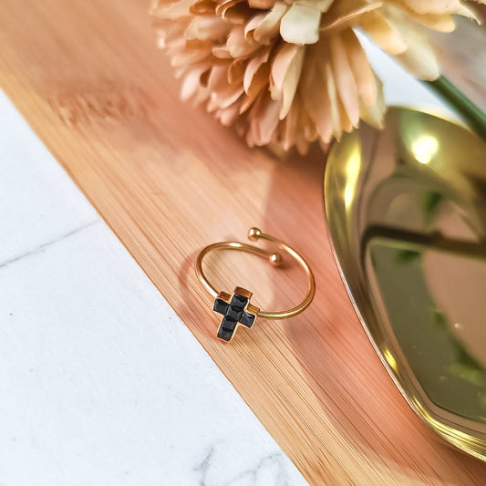 Rhinestone black cross adjustable ring