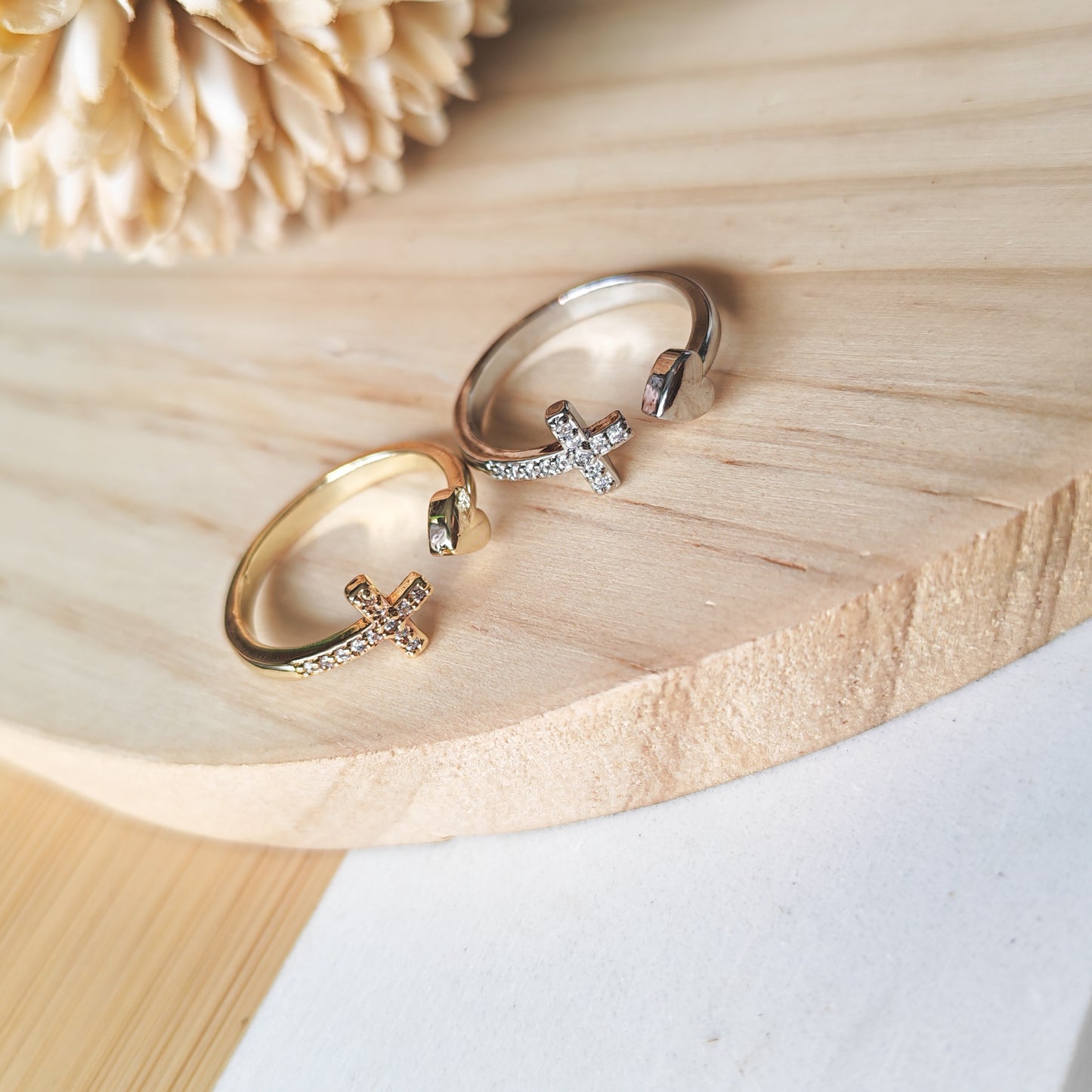 Rhinestone Cross & Heart ring