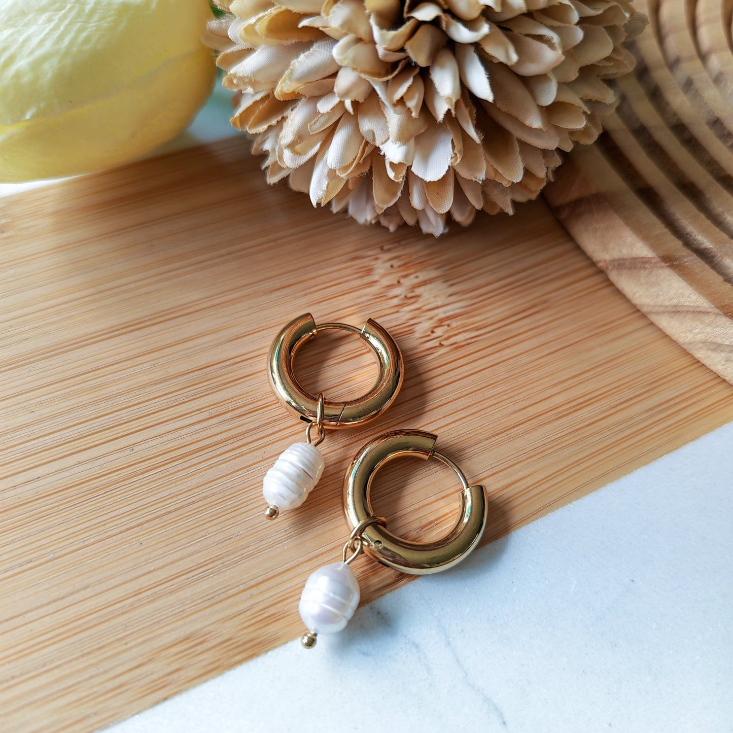 Freshwater thick hoop pearl earrings